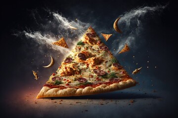 Crumbs of pizza fluttering in the air, seasoned with herbs, sauce, and spices, against a smoke filled, nighttime background. Generative AI