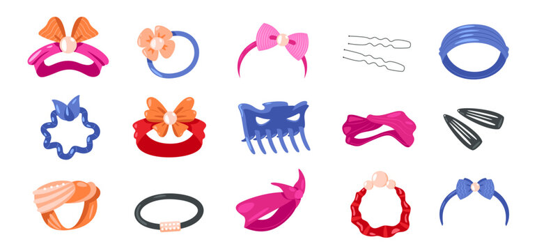 Hair ties. Cute hairpin hairband bow scrunchy icons, cartoon girlish fashion hairstyle accessories hairdressing equipment flat style. Vector set