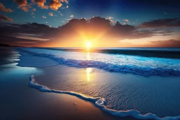 Rolgordijnen At daybreak, the sun rises over a dazzlingly blue ocean, casting its rays of light across the beach in brilliant hues. Generative AI © 2rogan
