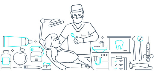 Dentist at work - modern line design style web banner
