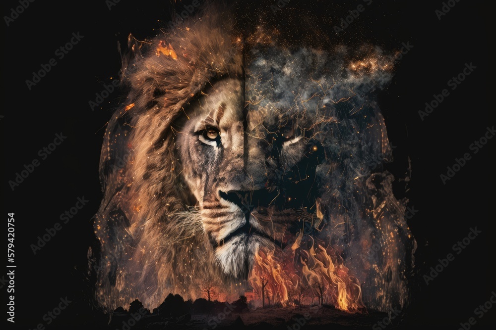 Canvas Prints Face of a wild lion and a bonfire in the pitch black night are captured in a double exposure. Generative AI