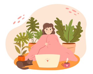 Obraz na płótnie Canvas Young girl wrapped in blanket and drinking hot coffee or tea, watching movie and relaxing after work. Trendy interior in Scandinavian style. Flat cartoon vector