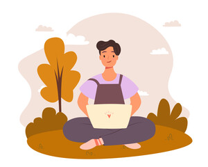 Obraz na płótnie Canvas Vector, man with laptop sitting in nature and tree