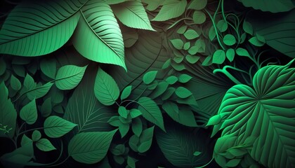 Generative AI illustration ecological background top view of green different leaves growing in botanical garden