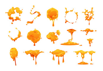 Fototapeta Honey blots. Dripping golden honeycomb syrup and sweet nectar leak splash, flat melting falling liquid amber drops and spots. Vector isolated set obraz