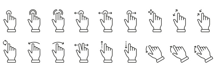 Pinch Screen, Rotate Up Down on Screen Outline Sign. Hand Finger Touch, Swipe and Drag Linear Pictogram. Gesture Slide Left and Right Line Icon Set. Editable Stroke. Isolated Vector Illustration