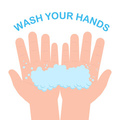 The child holds a soap foam in his hands. Wash your hands. Vector illustration