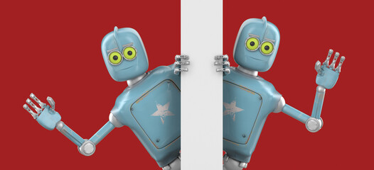 Robot Cartoon funny 3D   render - wave your hand to greet, isolate on orange