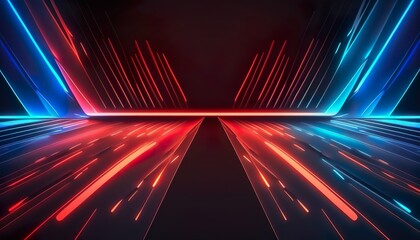 Abstrakter futuristischer Neon-Hintergrund. Rote blaue und symmetrische Linien, die im Dunkeln leuchten. Minimalistischer Hintergrund