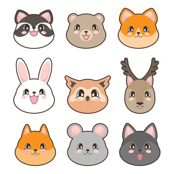 Portraits of cute animals in cartoon style. Rabbit, deer, owl, racoon, bear, wolf, mouse, squirrel and fox. Vector illustration