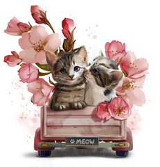 Two kittens in the car and apple blossoms - 579422129