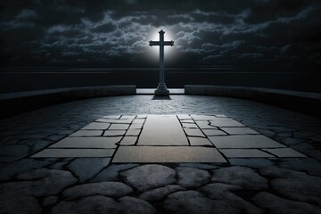 Naklejka premium Lights on stone pavement point to a cross silhouetted against a nighttime sky as a metaphor for the entrance to paradise. Generative AI