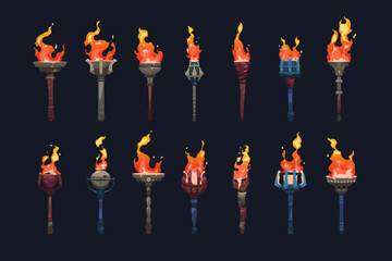Medieval torch. Sprite animation frame set with burning fire elements, ancient stick with fireflame for game asset design. Vector collection