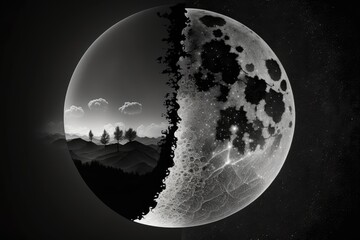 Shadows cover up half of the moon in the night sky png. Generative AI