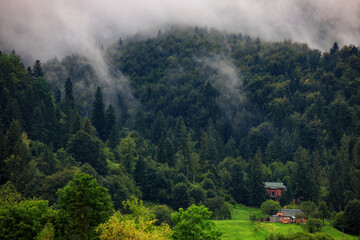 Mystical landscape, houses under the mountain, forest and fog. Carpathians