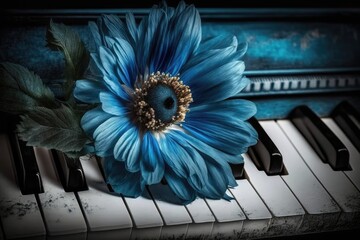 a bluish flower resting atop the piano keys. Generative AI