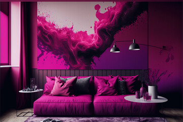 A beautiful render of a room with magenta Pantone decor and stylish furniture