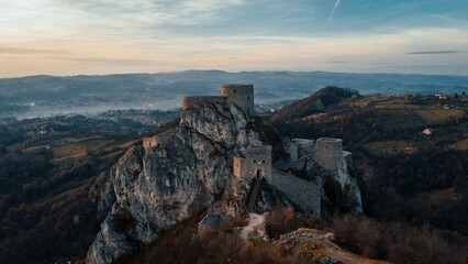 Aerial shot of the Srebrenik Fortress in Gornji Srebrenik, Bosnia and Herzegovina