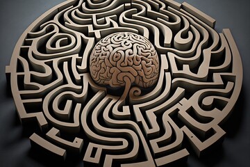 Brain Activities, Brain Fitness. How to Improve Cognitive Skills With the Brain Gym. Brain Shape Maze, big labyrinth with Brain in center. AI generative