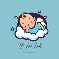 Cute baby boy sleeping on a cloud. Vector illustration in cartoon style.