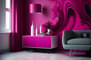 A modern image of a room with Pantone magenta decor and sleek furniture pieces