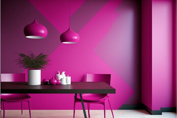 A bright dining area with Pantone magenta decoration and vibrant furniture