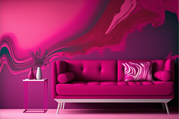 A render of a modern workspace with magenta Pantone decoration and sleek furniture