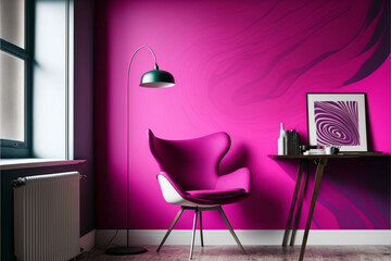 A stunning render of a room with magenta Pantone decor and bold furniture pieces