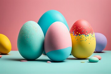 Fototapeta premium Easter poster and banner template with Easter eggs and copy space. Greetings and presents for Easter Day in flat lay styling.Promotion and shopping template for Easter.