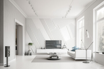 Fototapeta na wymiar A visually stunning render of a room with Pantone white decor and bold furniture