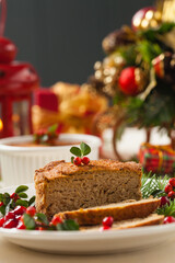 Small, baked patties in Christmas decoration. Front view.