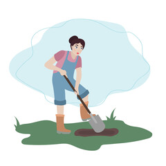 Woman digging up ground with shovel. Woman working in garden. Illustartion in flat cartoon style