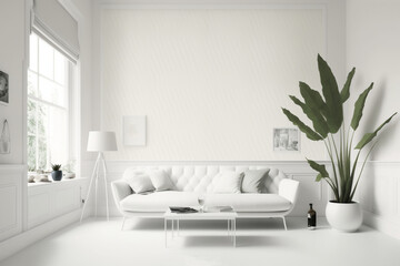 A beautiful render of a room with white Pantone decor and colorful furniture