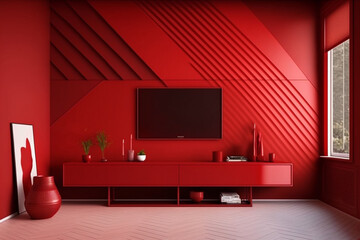A serene workspace with red Pantone accents and comfortable furniture