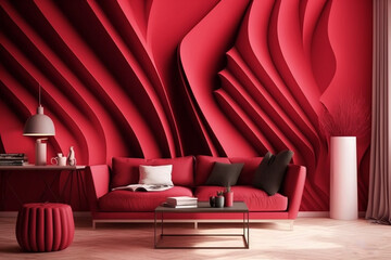 A visually stunning living room with red Pantone decor and statement furniture