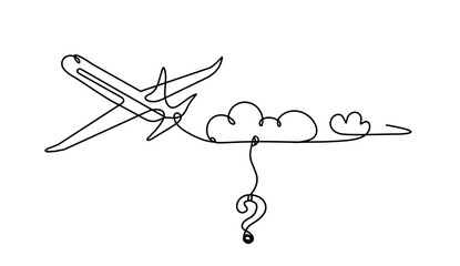 Abstract plane with question mark as line drawing on white background