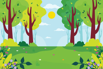 Forest in summer with sun shining through the trees. Flat design nature background.