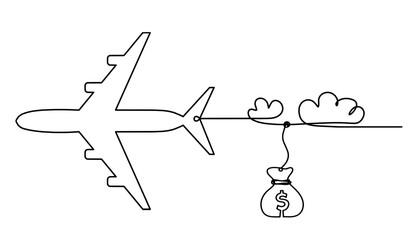 Abstract plane with dollar as line drawing on white background