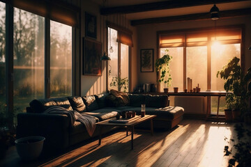 Modern Interior of living room, sunlight passing through big windows at golden hour