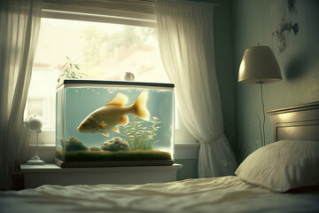Minimalist bedroom with fish aquarium, sunlight passing through big window