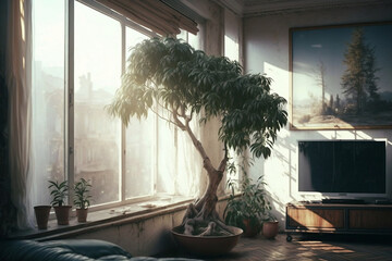 Minimalist living room with tree, sunlight passing through big windows