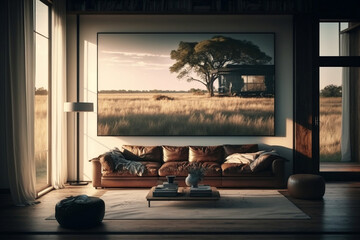 Minimalist living room, sunlight passing through big windows, big photo frame on wall