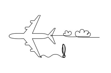 Abstract plane with exclamation mark as line drawing on white background
