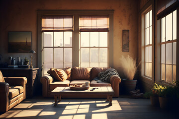 Modern living room, sunlight passing through big windows