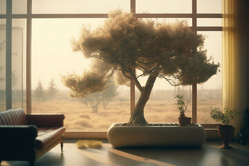Modern living room with tree, sunlight passing through big windows