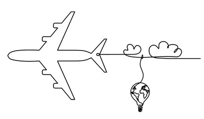 Abstract plane with light bulb as line drawing on white background