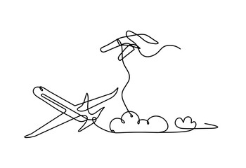 Abstract plane with hand as line drawing on white background