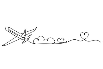 Abstract plane with heart as line drawing on white background