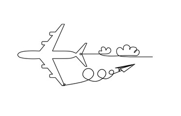 Abstract plane with paper plane as line drawing on white background