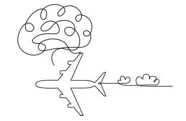 Abstract plane with brain as line drawing on white background